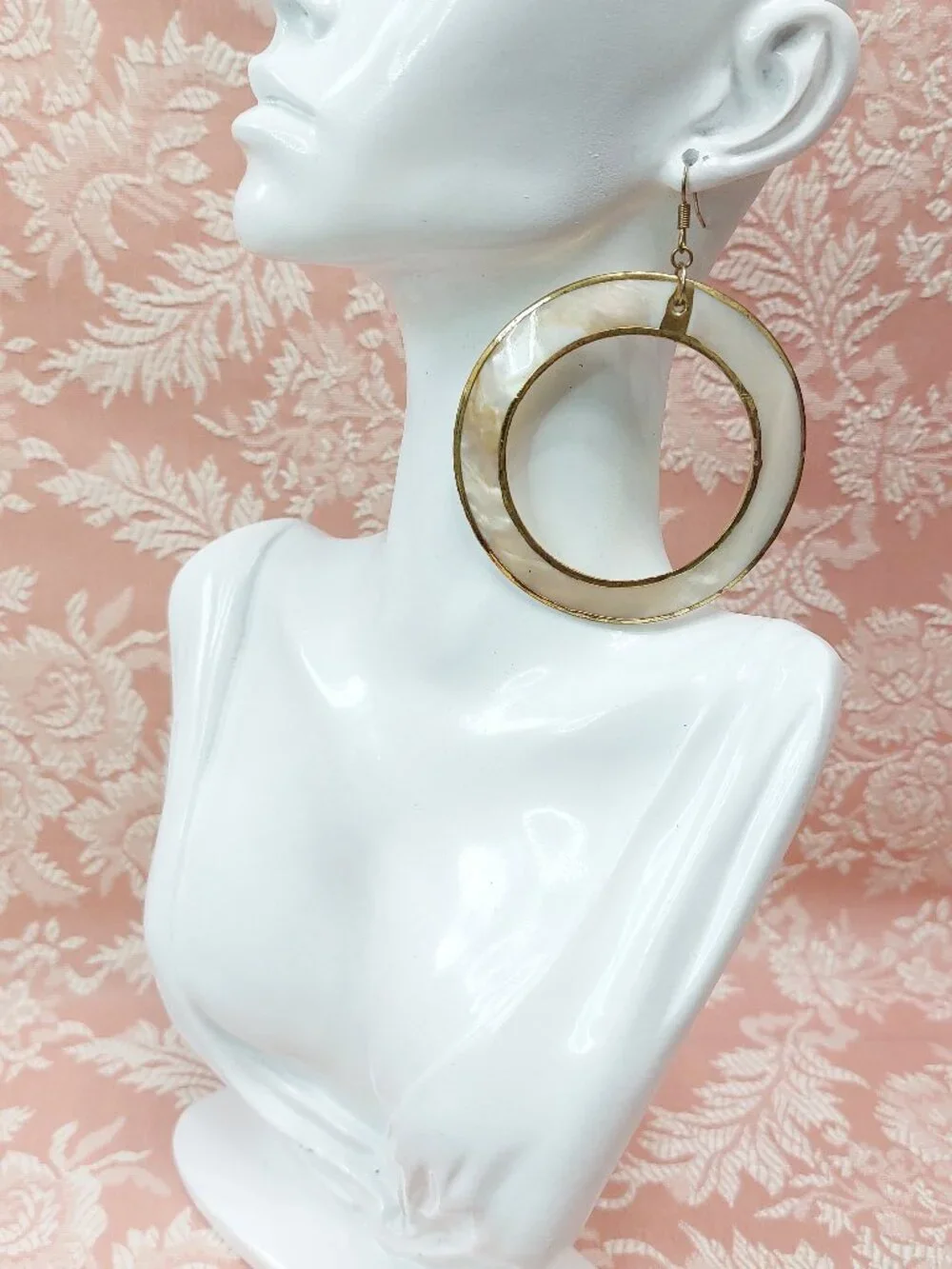 Vintage Mother of Pearl Large Hoop with Gold Rim Earrings - Picture 2 of 7